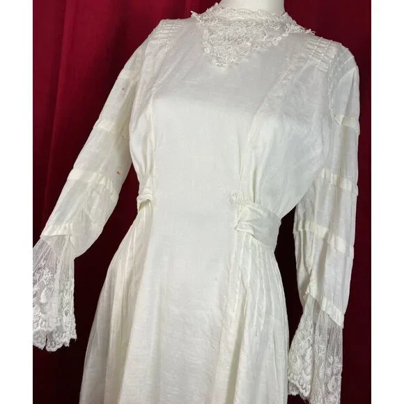 Tall C 1908 Fancy Lace Linen Dress Summer Edwardian Bell Sleeve - Picture 2 of 12